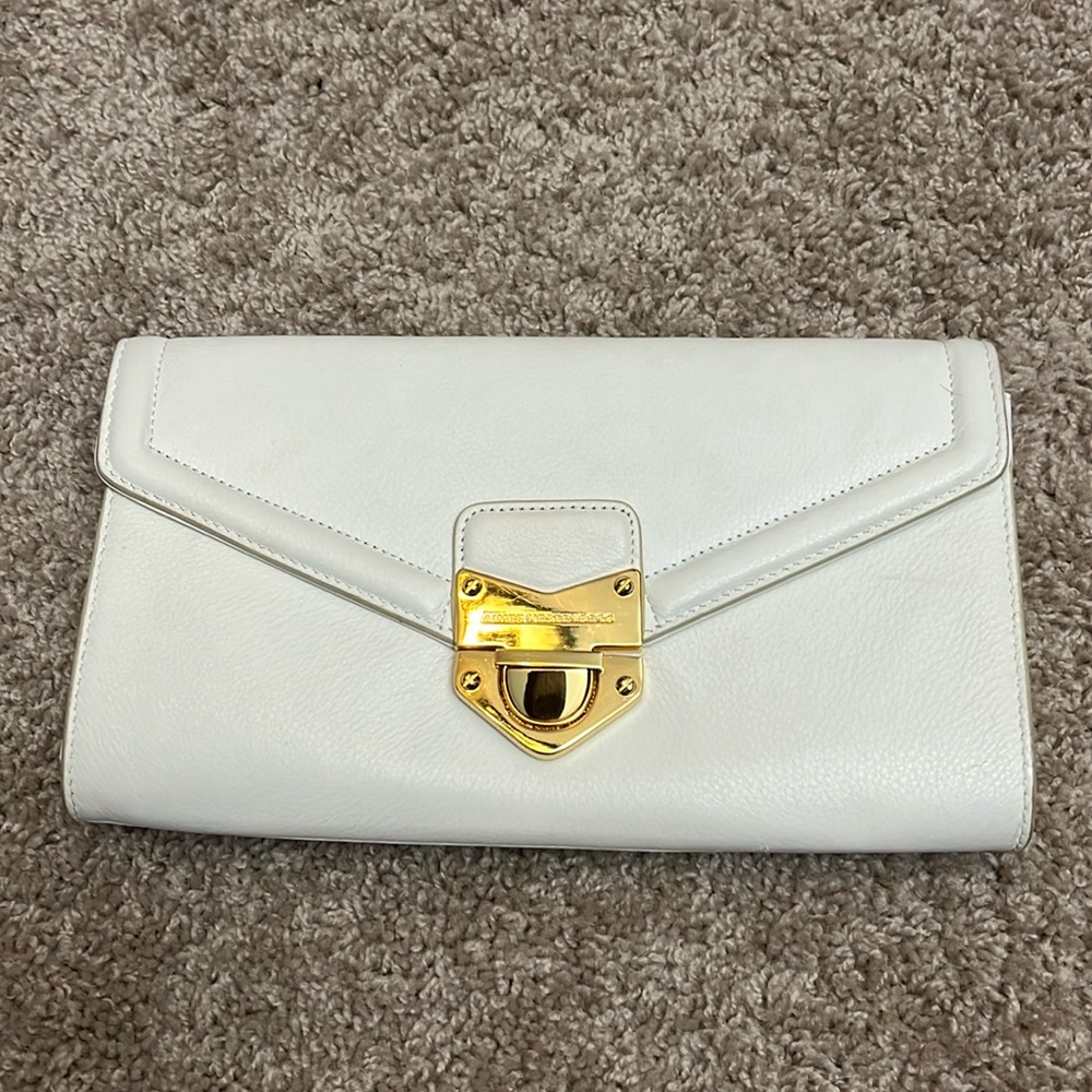 Aimee Kestenberg clutch purse, white gold tone, hardware